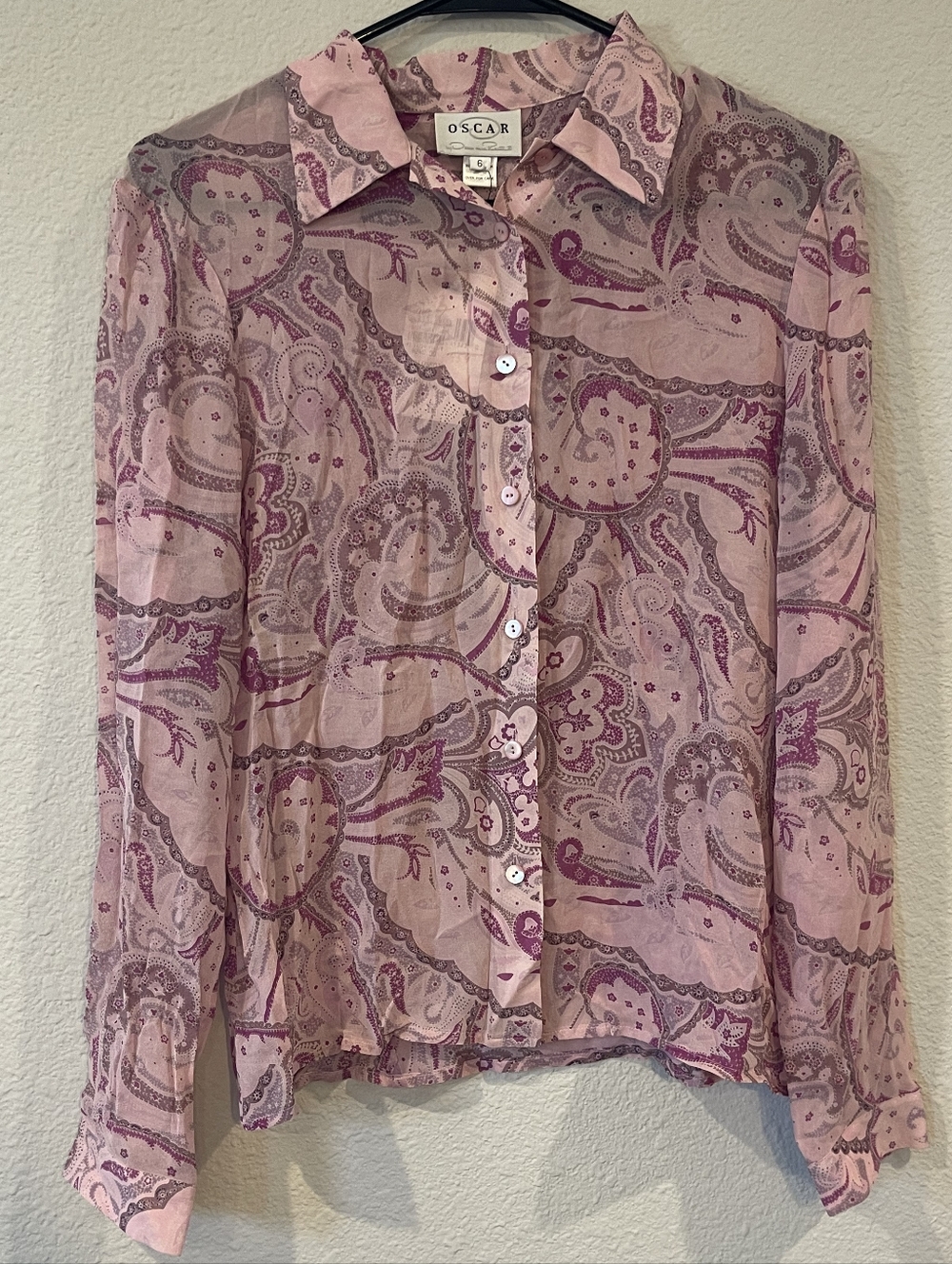 NWT Oscar De La Renta Vintage‎ Y2K Women's Pink Blossom Paisley 100% Silk Blouse
